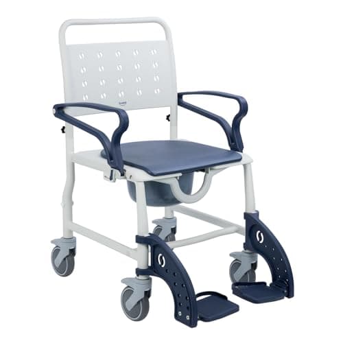 Soaids 4-in-1 Rolling Shower Chair with Wheels for Elderly & Disabled Adults, Padded Toilet Chair, Bedside Commode, Transport Wheelchair with Locking Caster for Bathroom, Home Care (Navy Blue)