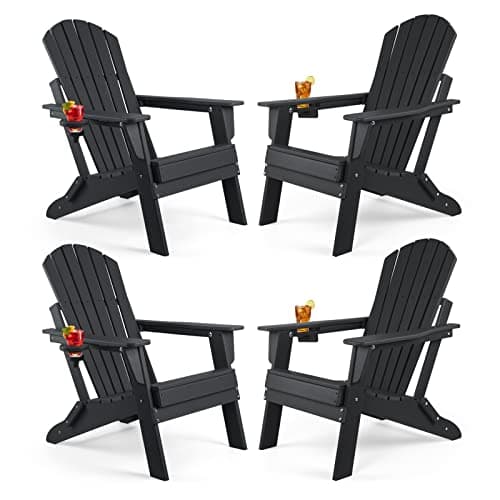 FUNBERRY Folding Adirondack Chair Set of 4, HDPE All Weather Fire Pit Chairs with Cup Holder for Outdoor