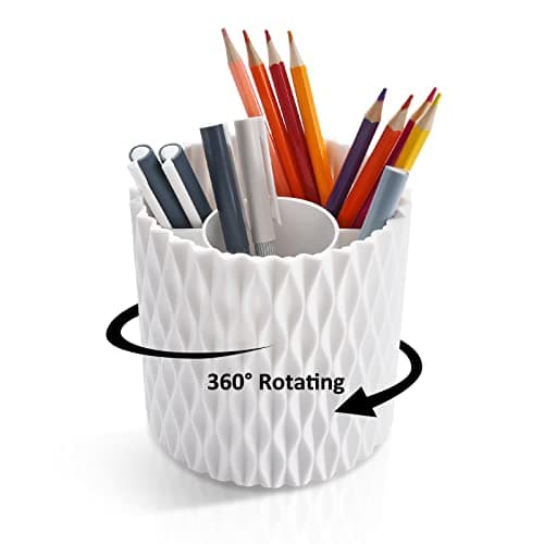 KLIONGO Pen Holder for Desk, 5 Slots 360 Degree Rotating Pencil Holder Makeup Brush Holder, Multifunctional Pen Organizer for Home, Office, Kids and School (White)