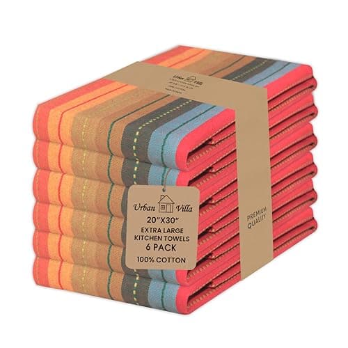 Urban Villa Kitchen Towels 100% Cotton Dish Towels for Kitchen (Set of 6) 20"x30" Highly Absorbent Kitchen Linen Set with Hanging Loop Dish Cloths Perfect for Drying Dishes Cleaning Towels - Red Multi