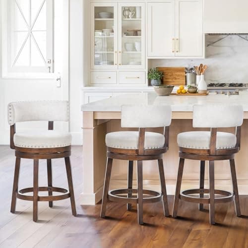 COLAMY Swivel Bar Stools Set of 3, 25 Inch Wood Swivel Barstools with Back, Counter Height Bar Stools, Modern Upholstered Barstools for Kitchen Island Dining Room Bar, Beige