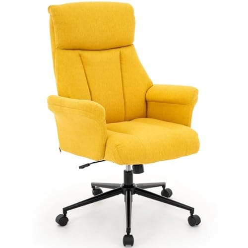 422 Linen Fabric Home Office Chair with Ergonomic Design,Stylish High Back Height Adjustable Chair with Swivel Wheels and Padded Armrests for Office,Study Room,Living Room,Makeup(Yellow)