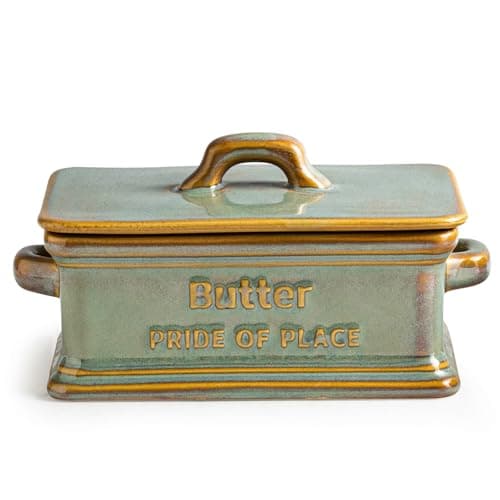 Butter Dish with Lid, Ceramic Butter Holder Container Large Butter Dish for Countertop Farmhouse Decor for Mother's Day, Butter Keeper for East West Coast Butter, Green