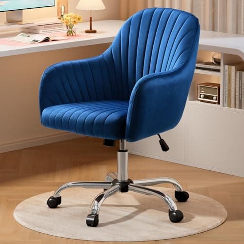 Warmiehomy Desk Chair, Velvet Office Chair for Home Office, Comfy Vanity Chair, Girl Cute Makeup Chair with Arm Rest for Bedroom Dressing Room, Dark Blue