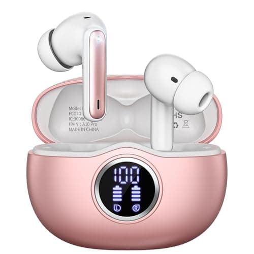 Sisism A10 Pro Wireless Earbuds Bluetooth 5.3 HiFi Stereo, 50H Playback LED Digital Display Earphones, ENC Noise Cancelling Mic, Ergonomic Sport Headphone Headset for Gym/Running/Work - Rose Gold