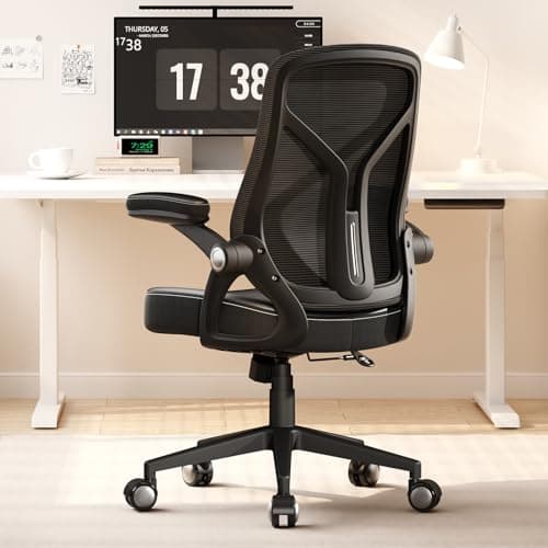 Ergonomic Office Desk Chair, PU Leather Home Office Desk Chair, Mesh Mid-Back Computer Chair, Flip-up Armrests Executive Task Chair (Black)