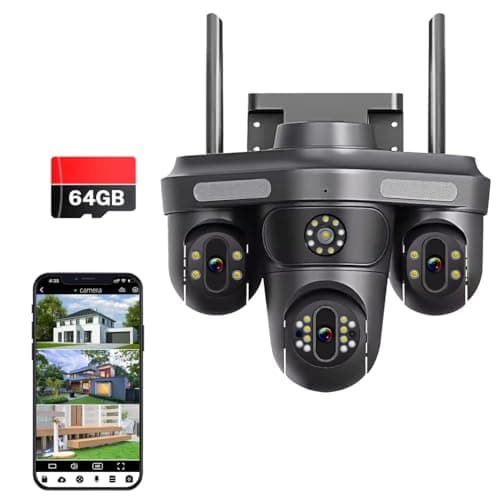 4MP Pan/Tilt Security Camera Triangle 3 Lens Camera Outdoor WiFi,Plug-in Cable Auto Tracking, Human Detection, Light Alarm, Color Night Vision, 2.4G WiFi,SD card Slot with TF64G Card