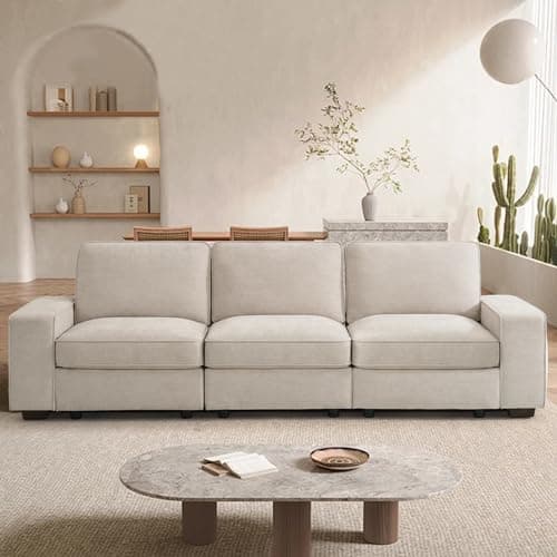TEKAMON 100" Modular Sofa with Seats Storage, Comfy 3-Seater Chenille Fabric Couch for Living Room, Office, Apart W/Deep Seat, Wide Arms, Side Pockets, USB, Removable Covers, Upholstered Couch/Beige