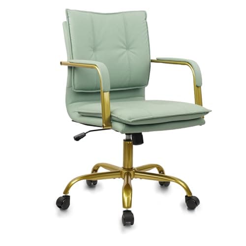 CLATINA Leather Home Office Desk Chairs, Swivel Mid-Back Computer Chair with Golden Legs and Arms, Comfy Upholstered Task Chair with Wheels, Green