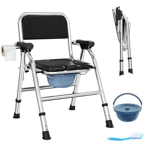 4 in 1 Folding Bedside Commode Chair for Elderly with Arms and Back,Adjustable Height Raised Toilet Seat with Handles,Adults Potty Chair for Seniors,Disabled and Pregnant