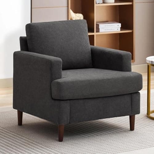 Weture Mid-Century Accent Chair,Modern Linen Fabric Armchair for Living Room,Comfy Upholstered Reading Accent Chairs for Bedroom,Single Sofa Chair with Wood Legs (Dark Grey, 1 Pack)