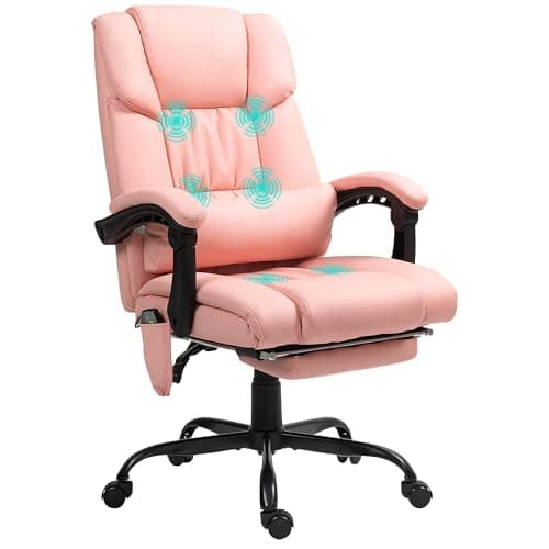 Vinsetto High Back Massage Office Chair with 6 Vibration Points, PU Leather Reclining Computer Chair, Ergonomic Desk Chair with Footrest Adjustable Height and Remote, Pink