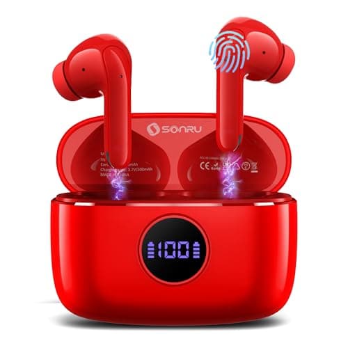 SONRU Wireless Earbuds Bluetooth 5.3 Headphones in-Ear MIC Earphones Hi-Fi Stereo 40H Playback USB-C LED Power Display Charging Case IPX7 Waterproof Bluetooth Earbuds for Laptop Android/iOS Phones Red