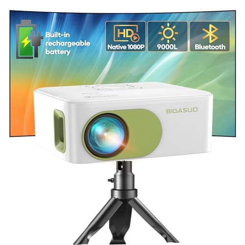 BIGASUO HD 1080P Projector with Recharged Battery Powered - Mini Portable Projectors with Tripod, Projecyor for Outdoor Movie
