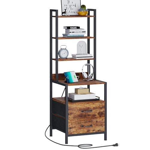 TRIFEBLE Tall Nightstand with Charging Station and Fabric Drawers, 49.6" Tall Bedside Table with 5-Tier Storage Shelves, Night Stand with Bookshelf, End Side Table for Bedroom, Rustic Brown