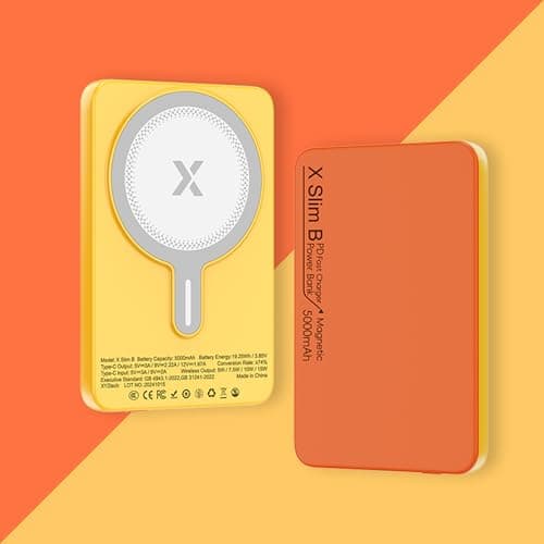 XYZtech X Slim B Wireless Power Bank - 5000 mAh - Ultra Thin - 0.38", Compatible with iPhone and Samsung, Orange & Yellow