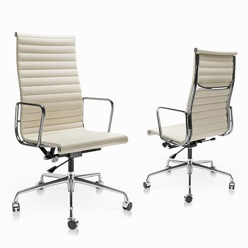 Ribbed Office Chair with Top Grain Leather - High Back Ergonomic Desk Chair with Aluminum Arms & Frame, Swivel Wheels & Tilt Function, Adjustable Height Modern Leather Chair