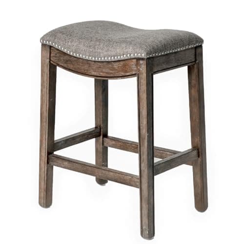 Maven Lane Adrien Backless Counter Stool – 26 Inches – Saddle Stool with Footrest – Brown Solid Wood Frame & Grey Fabric Upholstery – Perfect for Kitchen Islands & Counters