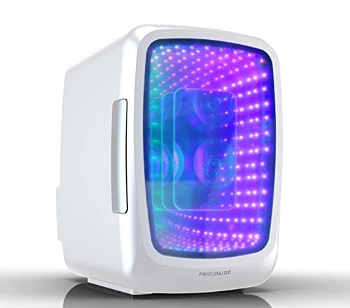 Frigidaire Gaming Light Up Mini Beverage Refrigerator, 6 can, 4 liters, Cooler with large see through door and LED lights Perfect for Gaming Experience, Home, Office, or Cars.12V Charger (White)
