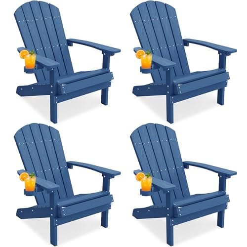 YEFU Adirondack Chairs Set of 4: Outdoor Chair HIPS Plastic Adirondack Chairs - Patio Chairs with Cup Holder & Wood Texture - Lawn Fire Pit Deck Porch Garden Chairs for Adults (Navy Blue)