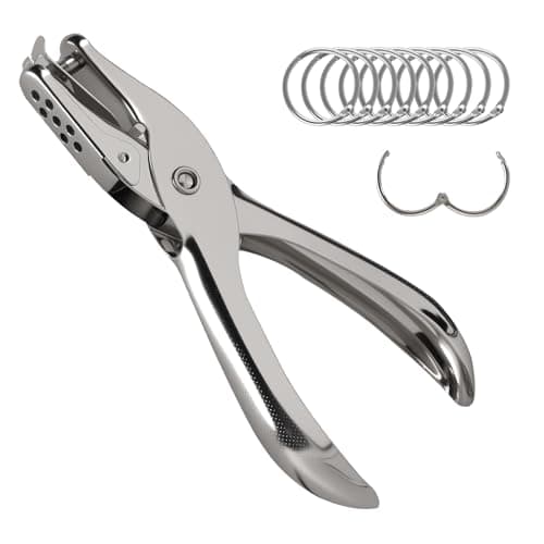 Oligei Single Hole Punch, 8 Sheet Capacity Hole Puncher, Paper Punch with 10P Binder Rings, Hole Puncher for Crafts, Scrapbooks (Silver)