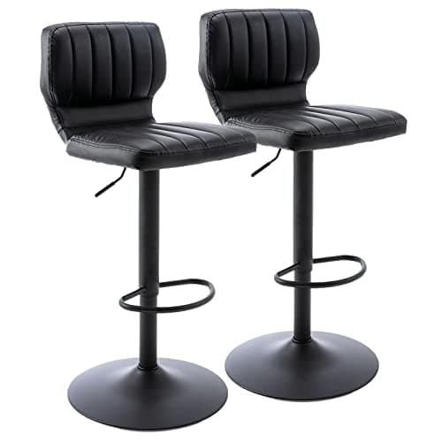 Brage Living Adjustable Bar Stools Set of 2, Modern PU Leather Swivel Barstools with Back, Armless Airlift Counter Height Bar Chairs for Kitchen Dining Pub Cafe (Black, Black Base)