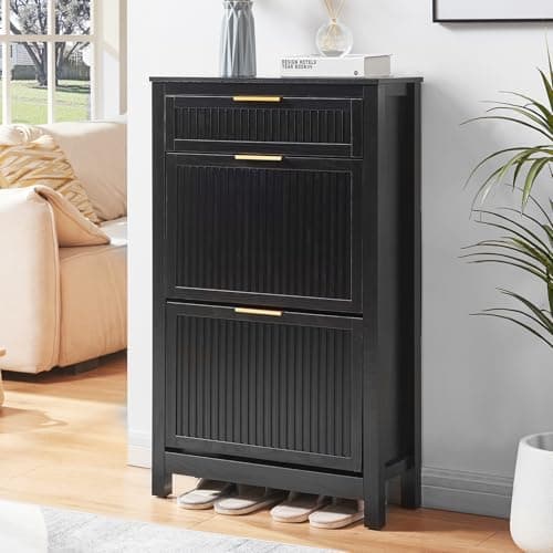 VIPLUMI 2 Flip Drawers Shoe Cabinet Storage for Entryway, Narrow Hidden Shoes Organizer for Front Door Entrance, Free Standing Shoes Cabinet Wooden Hallway Shoe Rack(Black)