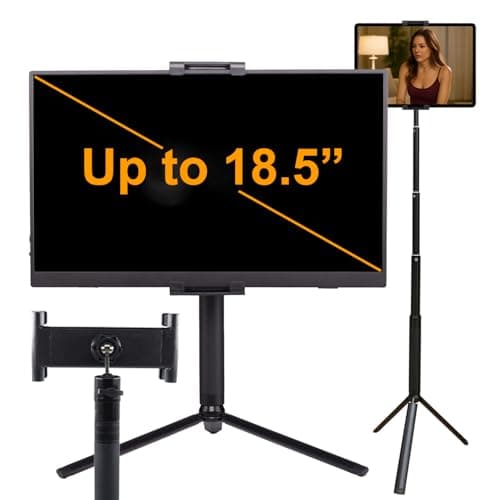 FeeLazy Portable Monitor Stand 15.6 18.5 inch Travel Monitor Stand iPad Tablet Holder with Super Wide Clamp Swivel Tilt Ball Joint Telescopic Pole and Foldable Tripod FL11C