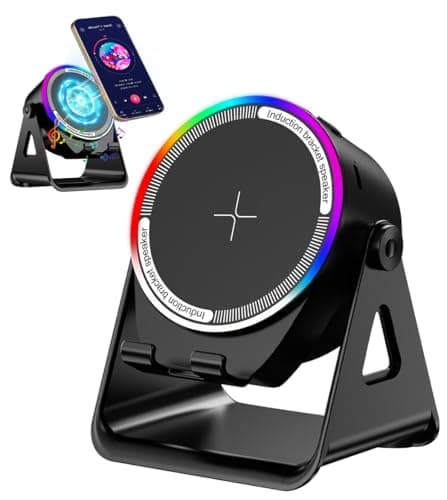 NIIFAWH Bluetooth Speaker, 4-in-1 Wireless Induction Speaker & RGB Light Stand Multi-Functional Phone Stand Instant-Connect Stereo Sound, 360° Adjustable Holder for iPhone/Android/iPad/Samsung (Black)