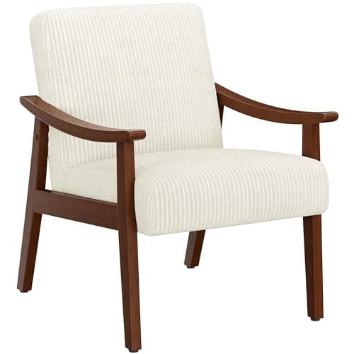 Yaheetech Corduroy Accent Chair, Mid-Century Modern Armchair with Solid Wood Legs, Reading Leisure Chair with High Back for Living Room Bedroom Waiting Room Beige