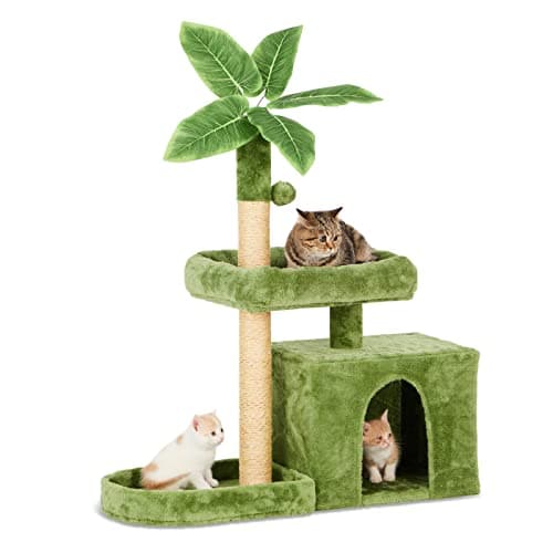 TSCOMON 31.5" Cat Tree Tower for Indoor Cats with Green Leaves, Cat Condo Cozy Plush with Hang Ball and Leaf Shape Design, Cat Furniture Pet House with Scratching Posts, Green