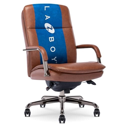 La-Z-Boy Opus Executive Mid-Back Office Chair, Channel-Tufted Seat and Back, Double-Layer Cushion, Padded Arms, Ergonomic Computer Desk Chair, Swivel Metal Base, Bonded Leather, Cognac and Graphite