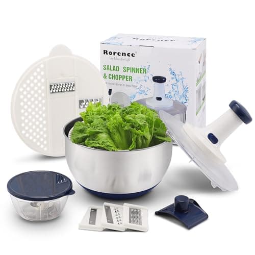 Rorence 3 in 1 Stainless Steel Pump Salad Spinner Food Chopper Set: Large Collapsible Lettuce Spinner, Chopper for Vegetable Slicer and Dicer, 5 QT Mixing Bowl with 5 Graters