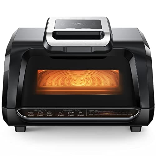 7-In-1 Air Fryer Indoor Smokeless Grill - 1750W Electric Air Grill Combo with Bake, Roast, Broil, Dehydrate – Includes Smart Thermometer and Viewing Window, 4QT Capacity