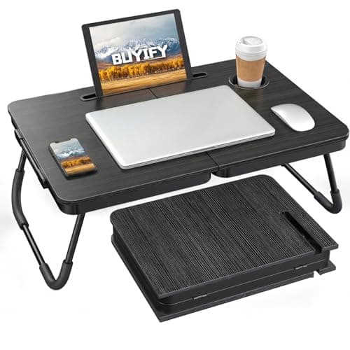 BUYIFY Foldable Laptop Bed Desk for Couch, Sofa - Large Lap Desk Tray Table with Cup Holder and Tablet Slot - Portable Notebook Stand for Eating, Writing, Studying and WFH (Black)- USA Original Patent