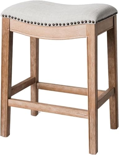 Maven Lane Adrien Backless Counter Stool – 26 Inches – Saddle Stool with Footrest – Brown Solid Wood Frame & Natural Fabric Upholstery – Perfect for Kitchen Islands & Counters