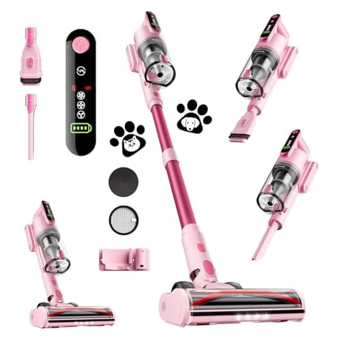 Cordless Vacuum Cleaner, 45Kpa 50 Mins Runtime Self-Standing Stick Vacuum Cleaners for Home, Powerful Suction, Lightweight, LED Touch Screen 8 in 1 Vacuum for Pet Hair, Carpet, Hardwood Floor, Pink