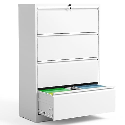 BIZOEIRON 4 Drawer Lateral File Cabinet with Lock, Metal Filing Cabinets for Home Office, Steel Storage Wide File Cabinet for Letter/Legal/F4/A4 Size with Hanging Bars, Assembly Required (White)