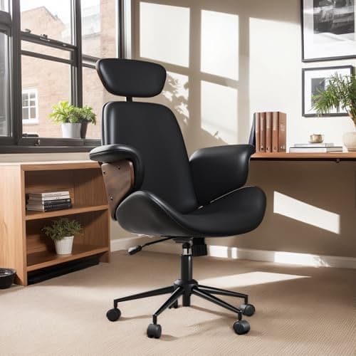 AMERLIFE Home Office Chair with Wheels and Bentwood Arms, PU Leather Swivel Desk Chair with Headrest and Lumbar Support, Height Adjustable Modern Computer Chair for Office, Study, Black