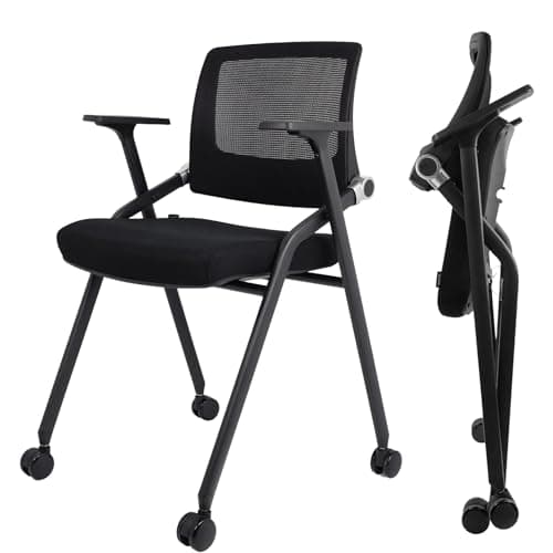 SLKJChr 2 Pack Foldable Office Chairs with Wheels, Mesh Back, Arms and Portable - Folding Office Chairs for Conference Room Chair, Office Guest & Reception & Meeting Chair - (Black) 300 lbs.