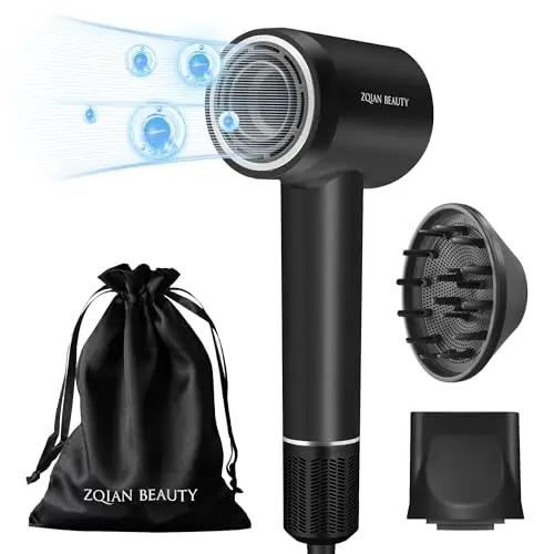 110,000 RPM Brushless Motor Hair Dryer for Fast Drying, 200 Million Negative Ions, Travel-Friendly Low Noise Design (Black, with Concentrator and Diffuser)