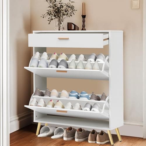 KUMIUNION Shoe Storage Cabinet with 2 Flip Drawers&1 Drawer, Slim Freestanding Storage Racks for Entryway, Hallway, Hidden Narrow Shoe Organizers Perfect for Heels, Boots, Slippers, White