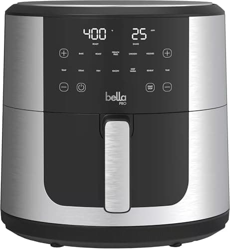 Bella-Pro SmartCrisp 8-Quart Air Fryer, Digital Touchscreen, Nonstick Ceramic Coating, 6 Cooking Presets, 1700W Power, Oil-Free Cooking, Family-Sized Capacity, Dishwasher-Safe (Stainless Steel)
