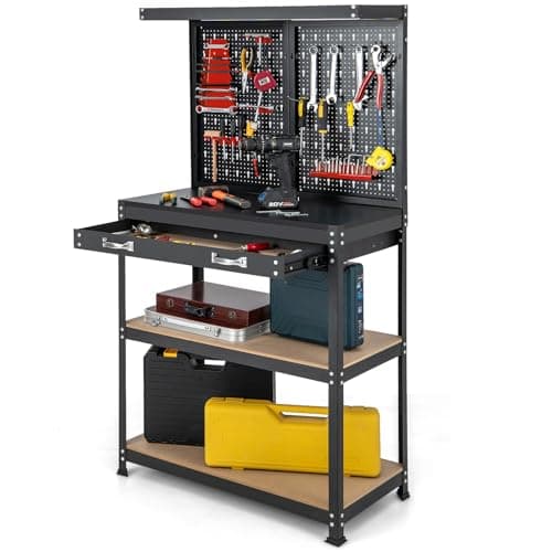 Goplus Workbench, Work Table with Drawer, Pegboard, Hanging Accessories, Topping Space, 4-Tier Heavy Duty Metal Tool Storage Bench, Work Benches for Garage, Workshop (Red, 32" x 16" with Drawer)