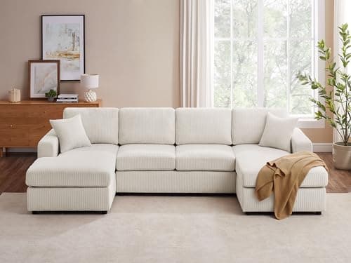VANOMi 118'' U Shaped Sectional Sofa Couch, Corduroy Fabric Modern Cozy Jumbo Size 6-Seater Sofa, Double Chaise Longue, Beige