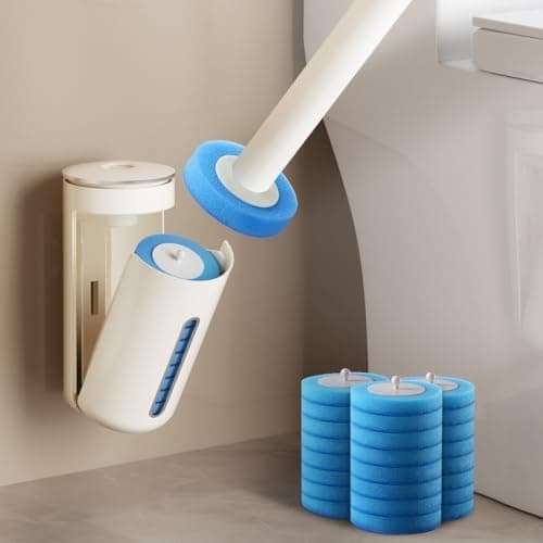 VNYIFAN Disposable Toilet Brush with 32 Refills, Upgrade Disposable Toilet Brush and Holder Set, Wall Mounted Toilet Bowl Cleaner Wands, Long Handle with Storage Caddy for Bathroom