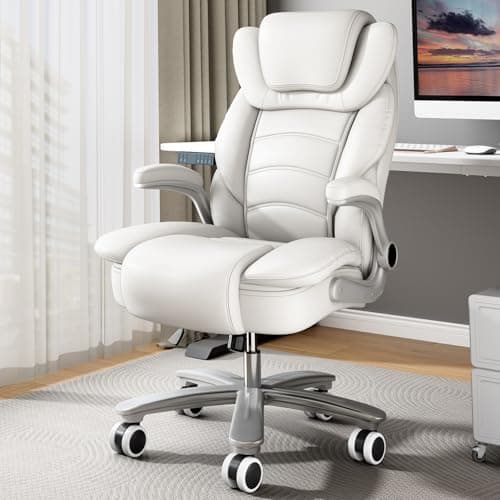 GYI Big and Tall Office Chair 400lb Wide Seat, Ergonomic High Back Leather Executive Desk Chair with Flip-up Arms, White