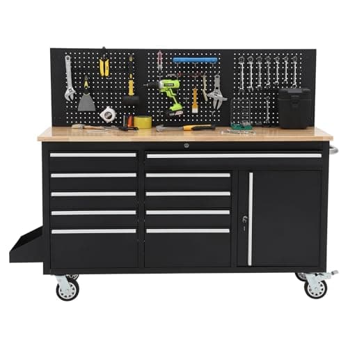 Heavy Duty 61 in Tool Chest Cabinet, Mobile Garage Workbench with 10 Drawers and Power Strip, Rubber Wood Worktop, 1675 LBS Load, Rolling Tool Storage Organizer for Mechanic, Shop or Home Use