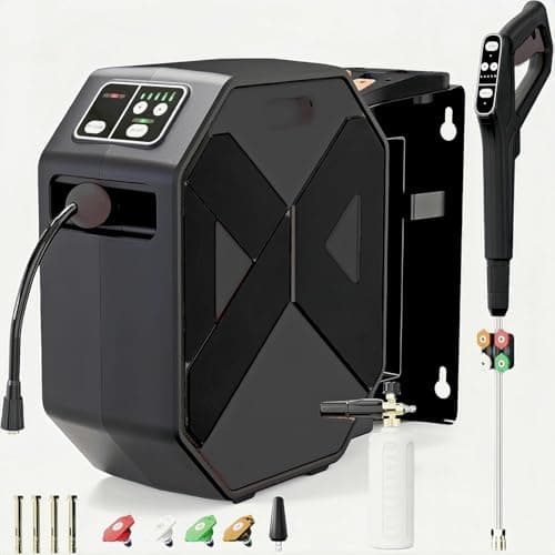 BAYOTAK Electric Pressure Washer, Wall Mounted Power Washer, Remote Control with 100 FT Retractable Hose, Foam Cannon, Nozzles for Cars/Garage/Patio, Gray