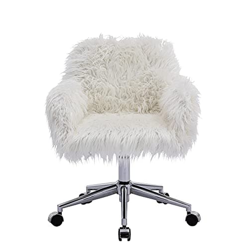 GOOLON Fluffy Desk Chair, Faux Fur Furry Home Office Chair, Fuzzy Swivel Armchair with Wheels, Height Adjustable Silver Base for Girls, Bedroom, White